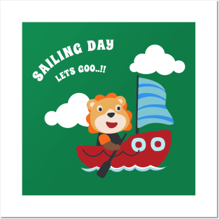 Funny lion sailor cartoon vector on little boat with cartoon style. Posters and Art